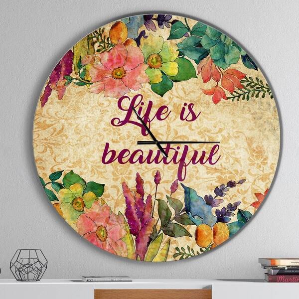 slide 2 of 10, Designart 'Life is Beautiful Butterfly Floral' Oversized Quote Wall CLock
