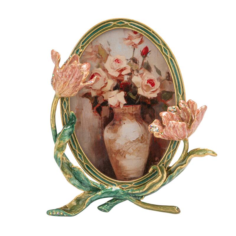 Enameled Metal Photo Frame with 3D Flowers & Jewels