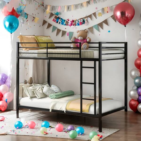 slide 2 of 29, Twin over Twin Metal Bunk Bed, Low Bunk Bed with Ladder, Black Black