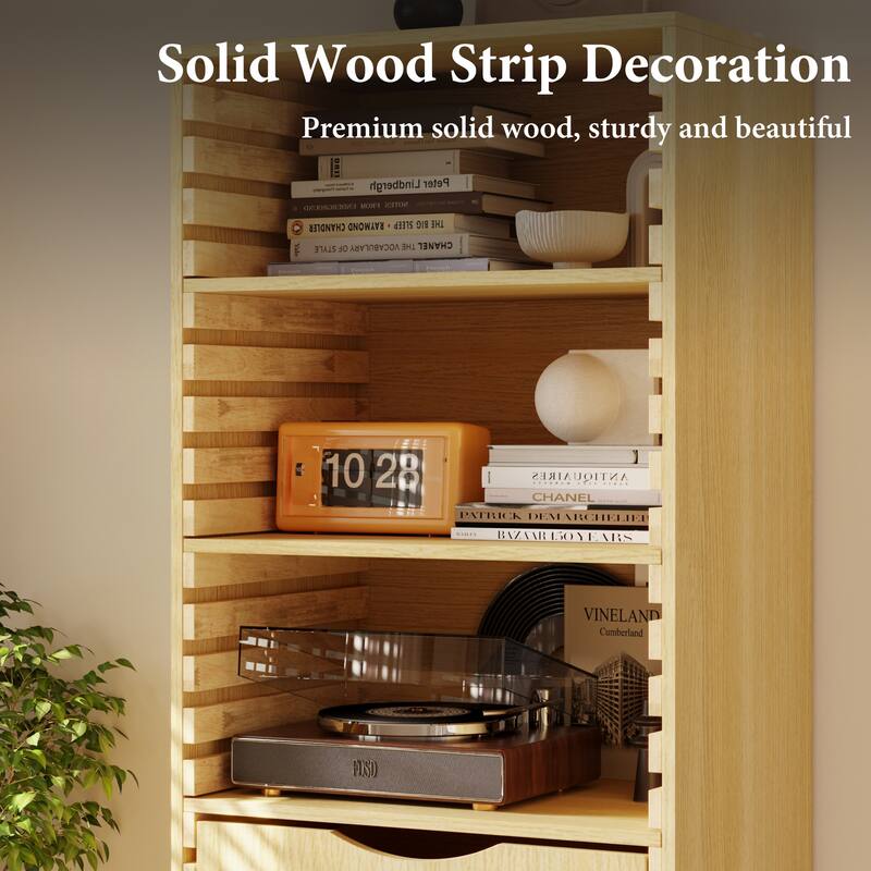 Tall Wooden Storage Cabinet with 3 Drawers and Adjustable Shelves, Solid Wood Slat Design
