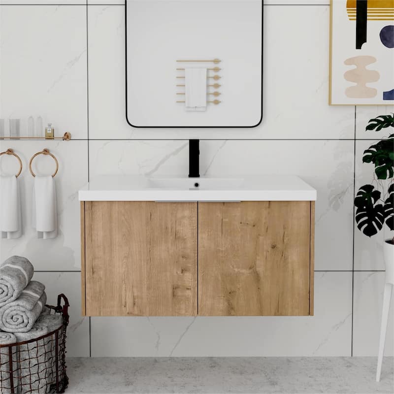 Bathroom Vanity With Sink In 24/30/36 Inch, Floating Bathroom Vanity With Soft Close Door - 35.4"W x 18.1"D - Imitative Oak