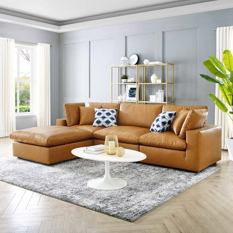 Commix Down Filled Overstuffed Vegan Leather 4-Piece Sectional Sofa - Tan