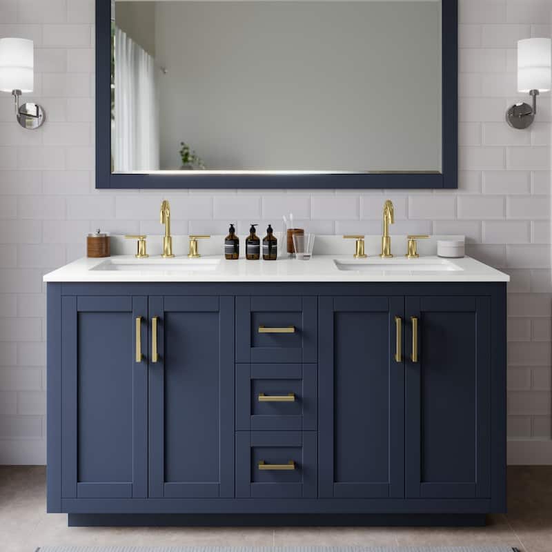 Wyndham Collection WCF292960D-QTZ-US3M58 Miranda 60" Free Standing - Dark Blue / White Quartz Top / Brushed Gold