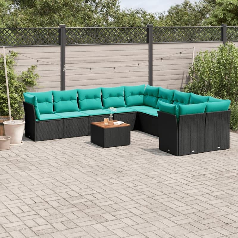 vidaXL 11 Piece Patio Sofa Set with Cushions Black Poly Rattan - 113.8x33.5x48.8