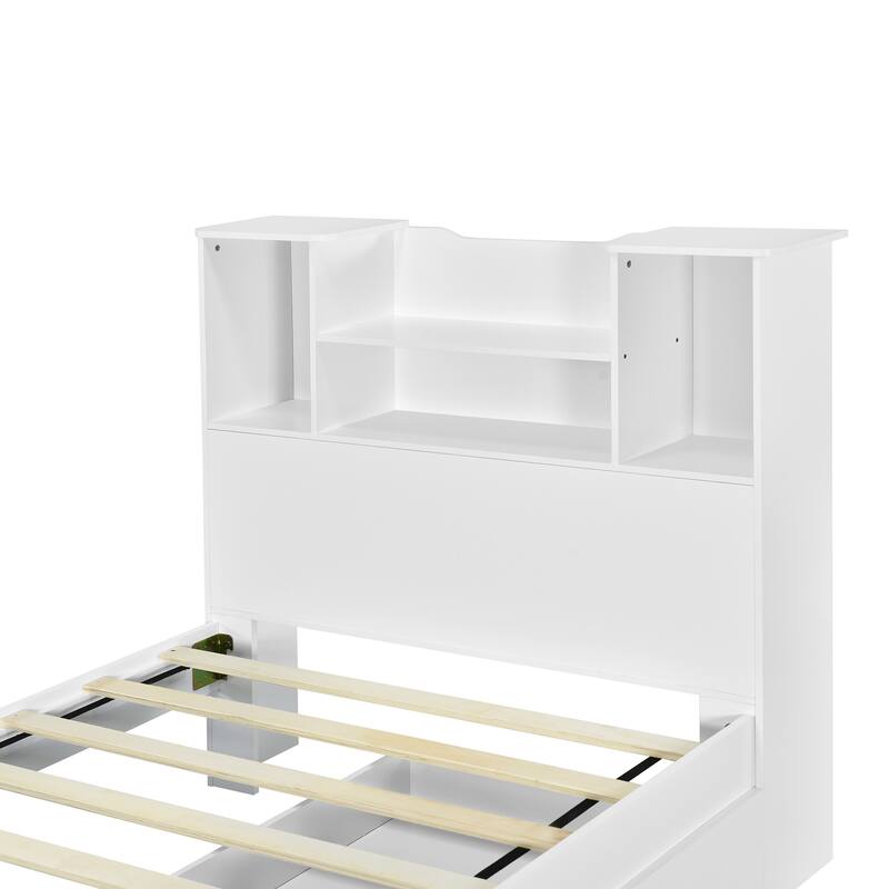 Twin Size Bed Frame with Storage Headboard and LED Lights, Wood Platform Bed Storage Bed w/ 2 Storage Drawers & Bookcase Storage