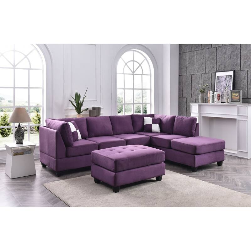 Reversible Microsuede 4-Seater Sectional Sofa with Throw Pillows - 111" - Purple