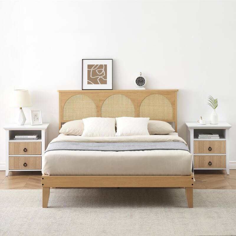 Ail Modern Wooden Platform Bed Frame Queen Size with Natural Rattan Headboard