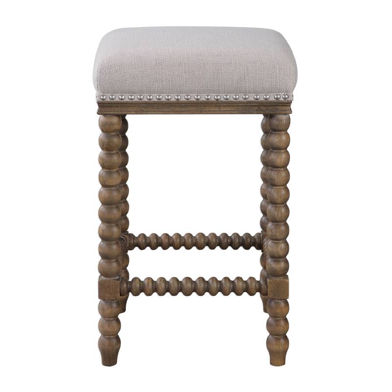 26" Pryce Spindle Leg Light Walnut Counter Stool with Linen Cushion