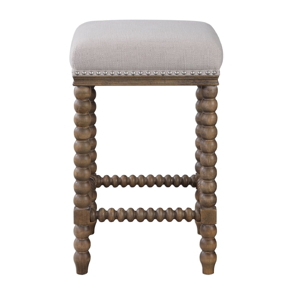 26" Pryce Spindle Leg Light Walnut Counter Stool with Linen Cushion