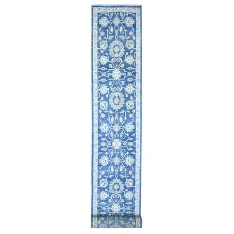 Shahbanu Rugs Cerulean Blue Finer Peshawar All Over Motifs Natural Dyes Extra Soft Wool Hand Knotted XL Runner Rug (2'5"x19'1")