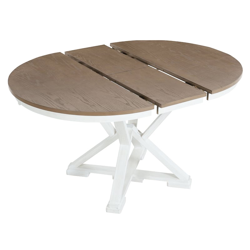 5-Piece Retro Functional Dining Table Set Extendable Round Table and 4 Upholstered Chairs for Dining Room and Living Room