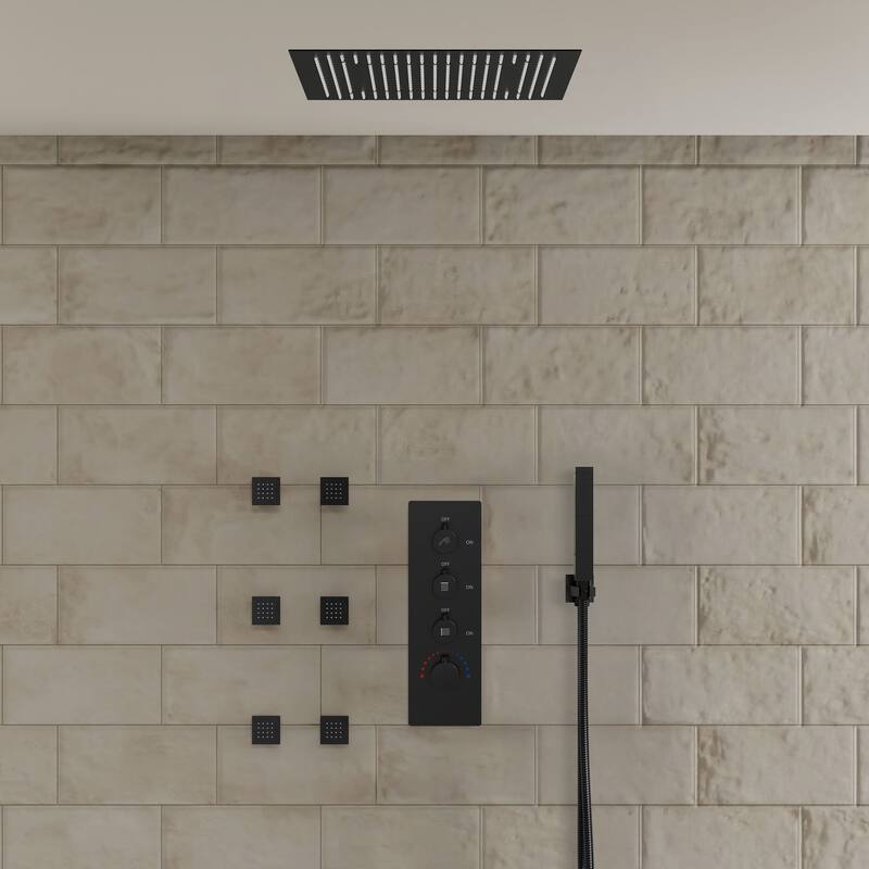 Thermostatic Shower System with 20'' LED Rainfall Head, Body Jets, Handheld Spray and Remote-Control Lighting - 20*20