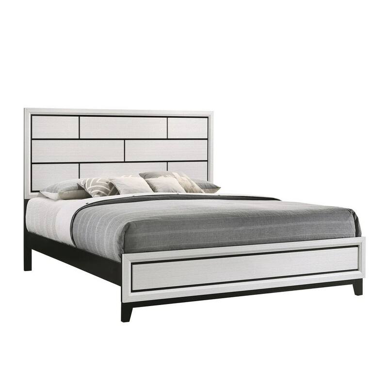Asir King Size Bed, Geometric Panel Headboard, Modern White Wood Finish