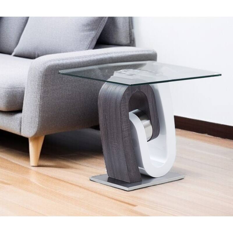 HomeRoots 23" White Gray And Clear Glass and Wood Square Pedestal End Table