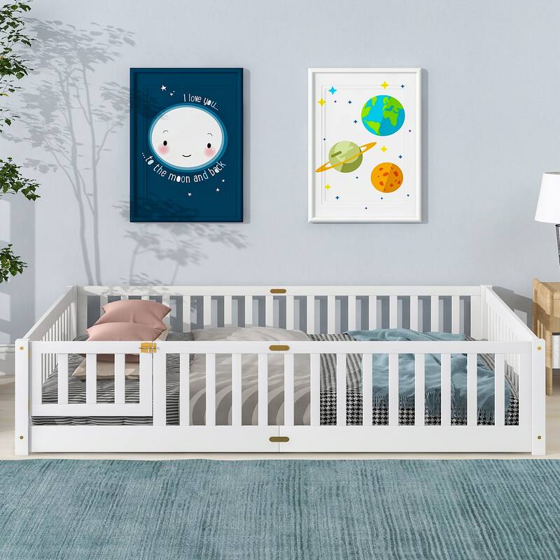 Floor Platform Bed with Fence Guardrails and Door