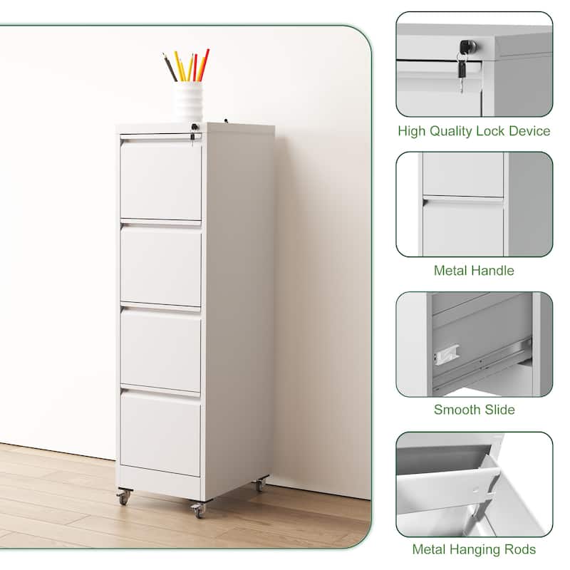 4 Drawer Metal Locking Vertical File Cabinet on Wheels - Heavy-Duty Lockable Cabinet for Home & Office