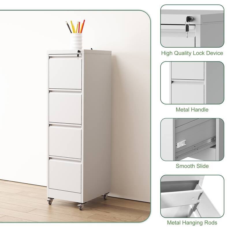 Metal Lockable File Cabinet with 4 Drawer and Wheels for Home Office