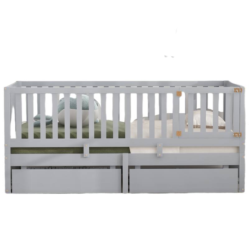 Twin Size Wood Daybed with Fence Guardrails and 2 Drawers