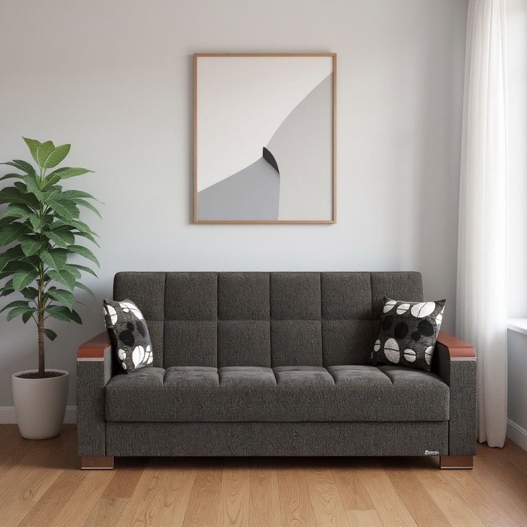 HomeRoots 87" Dark Gray Chenille Convertible Futon Sleeper Sofa With Toss Pillows And Storage