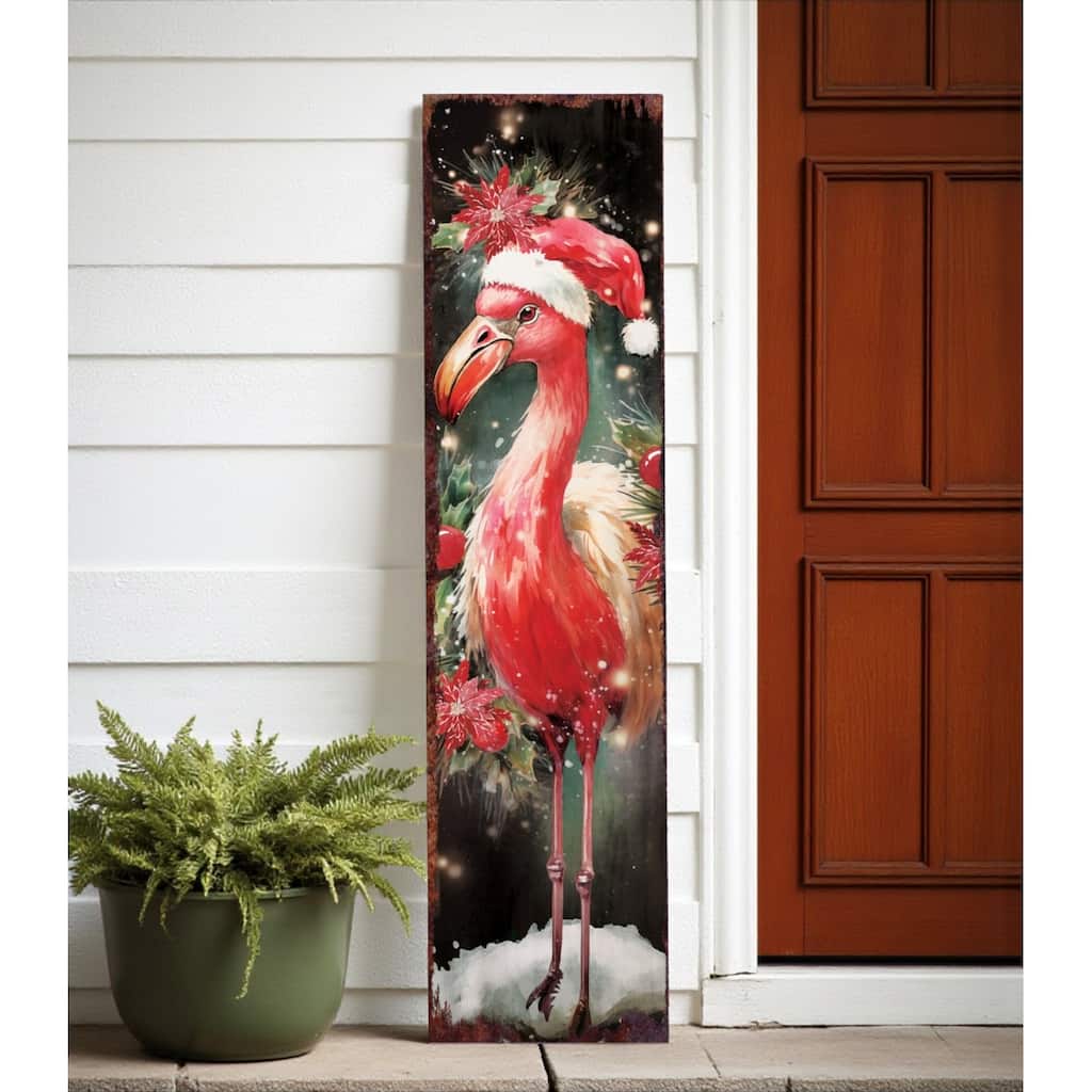 HomeRoots 36" Black And Pink Solid Wood Christmas Flamingo Porch Sign