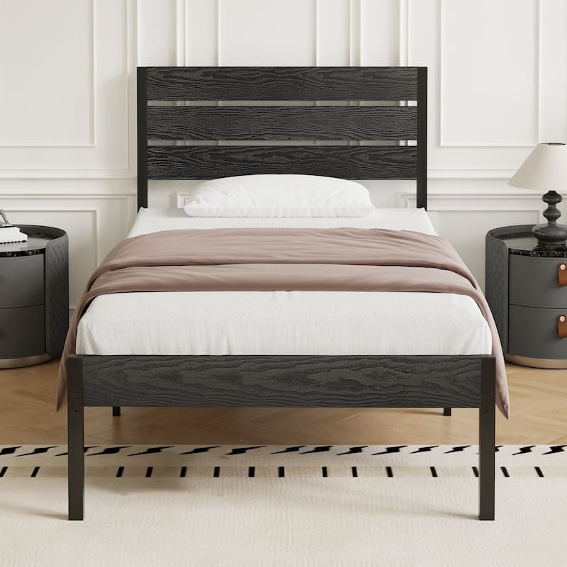 VECELO Industrial Wood Bed Frame with Headboard, Twin Size Beds/Full Size Beds/Queen Size Beds - Black - Twin