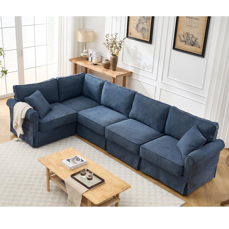 Modular Sectional Sofa Set, 5 Seat, Dark Blue, Wood+Fabric, 94x94x36.5 inches