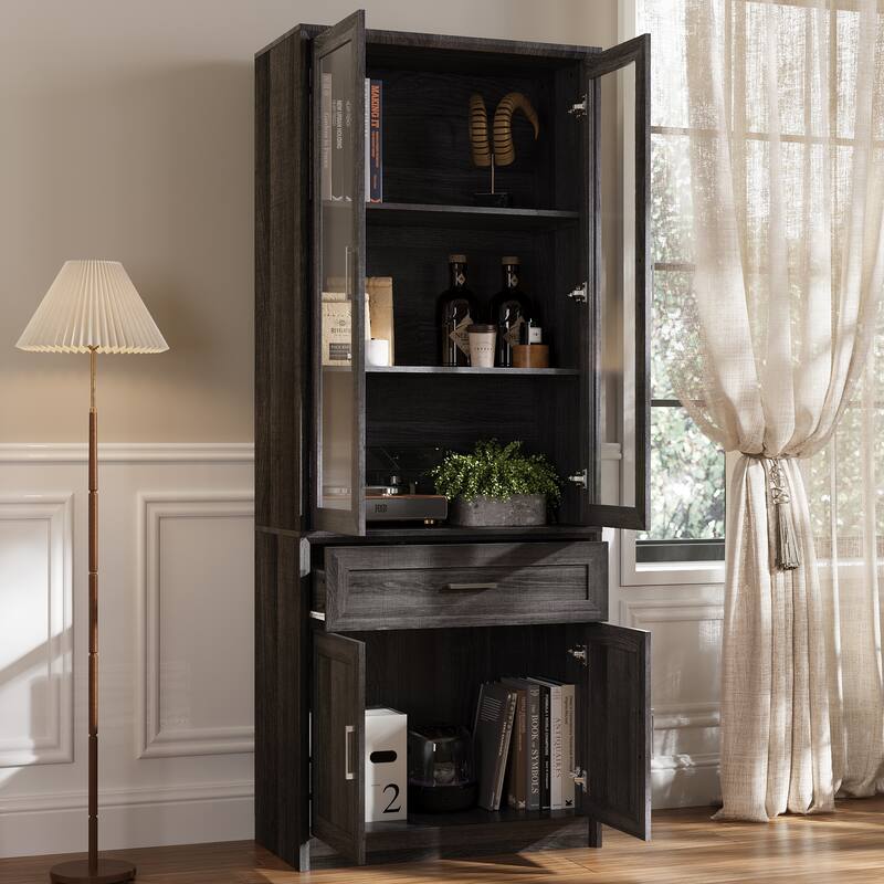 Modular Glass Door Bookcase Wall Unit with Storage Cabinets and Drawers, Dark Oak Display Hutch for Living Room or Home Office