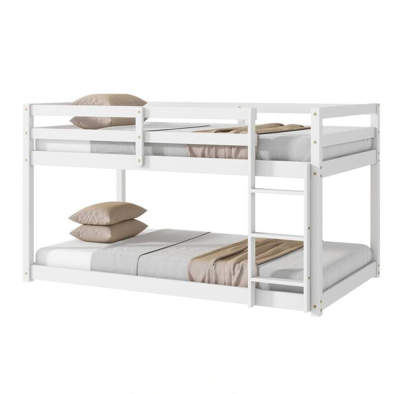 Wooden Twin over Twin Floor Bunk Bed with Ladder, with Bed Platform of Strengthened Slats