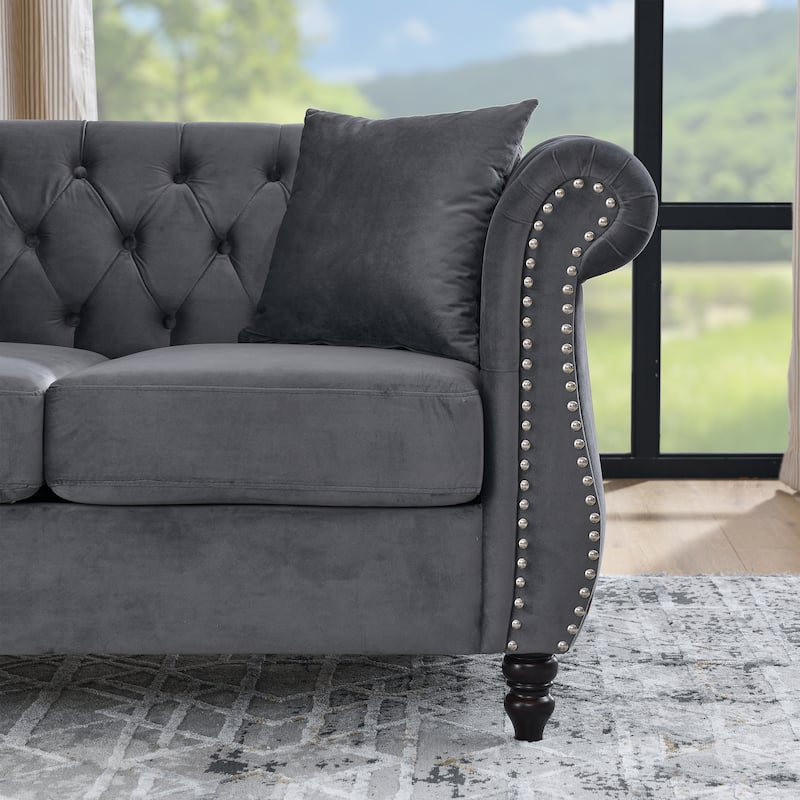 Velvet Chesterfield Upholstered Sofa, Low Back Tufted Sofa with 2 Pillows, 2 Seater Sofa with Nailhead Trim & Rolled Arms
