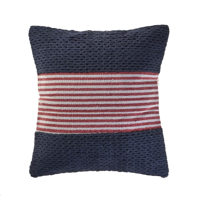 HomeRoots 20" X 20" Blue And Red 100% Cotton Striped Zippered Pillow