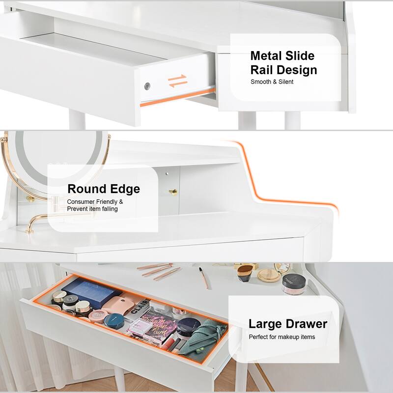 Modern Corner Makeup Vanity Desk with LED Light Mirror and Stool