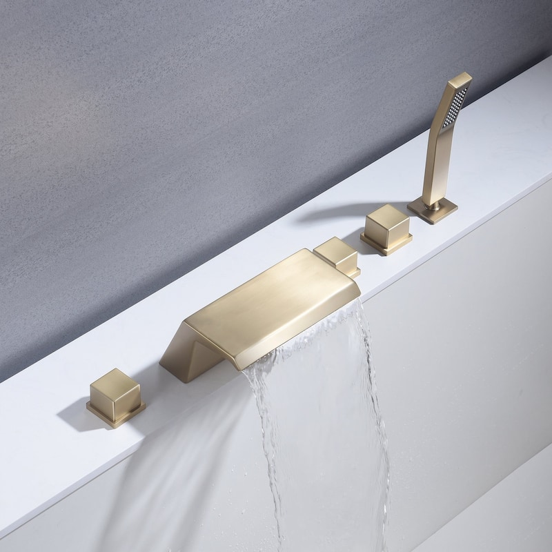 Waterfall Tub Filler Bathtub Faucet brushed gold 5-Hole 3-Handle Solid Brass Bathroom Bath Tub Faucets - 9'6" x 13'6"