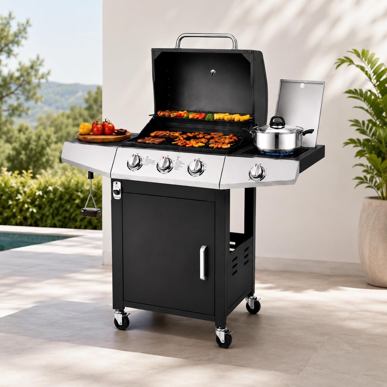 40,000 BTU 3-Burner Propane Gas Grill w/Side Burner Stainless Steel Portable BBQ Grill