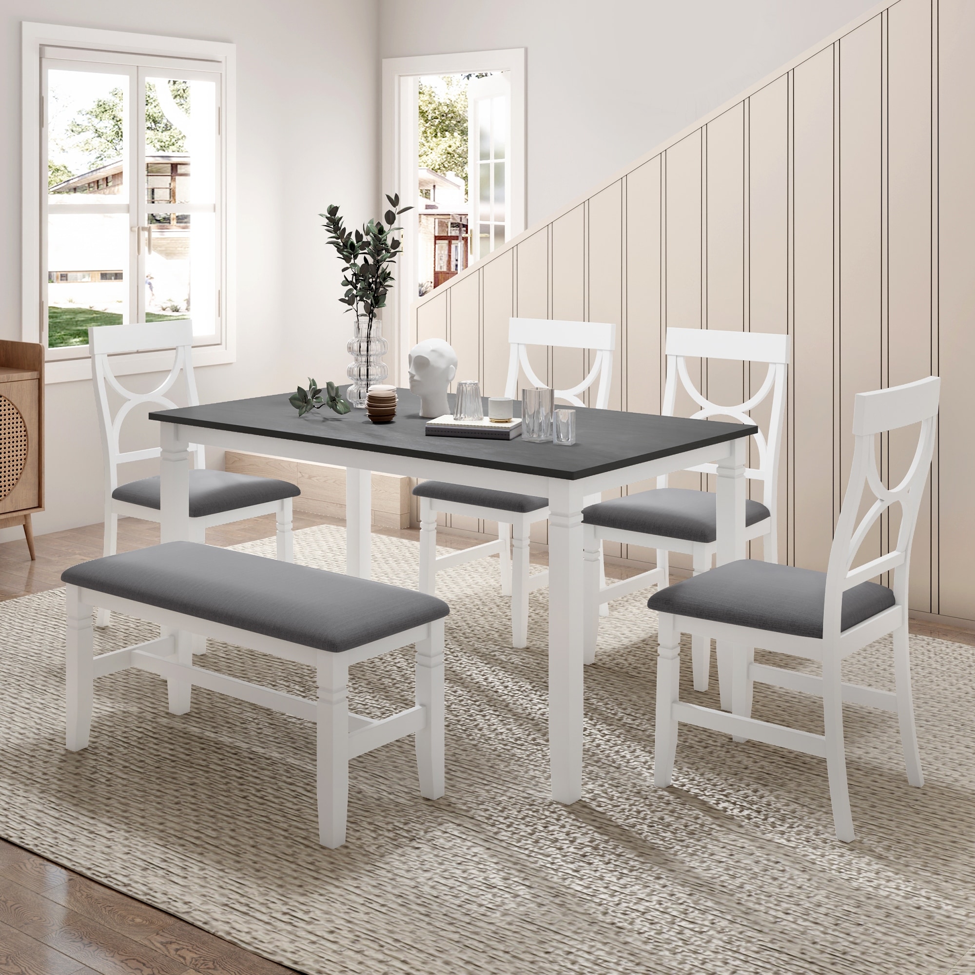 6-Piece Farmhouse Wood Dining Table Chairs Set, Rectangular Kitchen Dining Room Table with Upholstered Bench and 4 Chairs