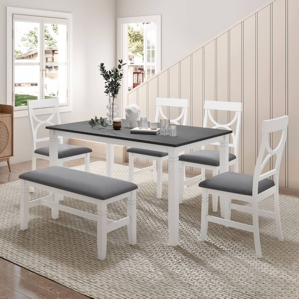 Rustic 6-Piece Extendable Dining Set with Bench Seating and 4 Dining Chairs, Durable Rubberwood Table for Dining Room