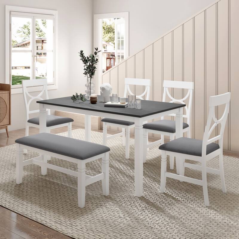 White Dining Table Set with Upholstered Bench, Upholstered Chairs with Back, Rectangular Table and Chairs Set - White