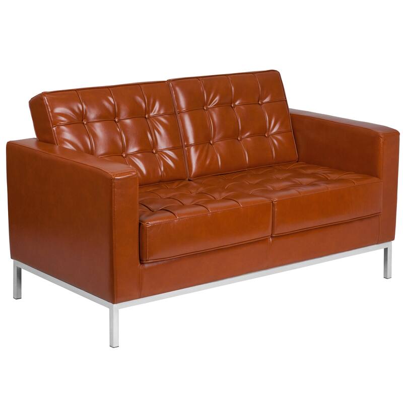 Contemporary Button Tufted Leather Loveseat w/ Steel Frame - 57"W x 31"D x 32"H