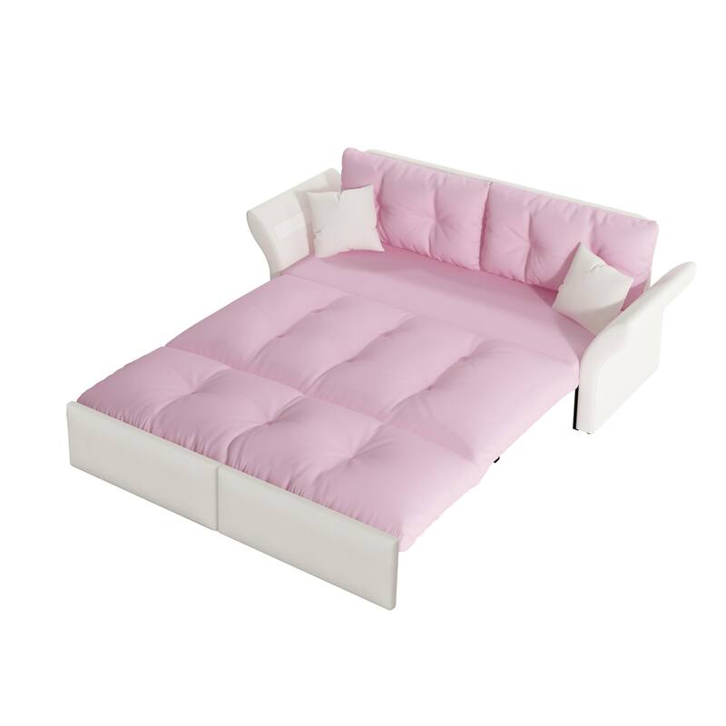 74.8" Queen Pull Velvet Out Sofa Bed, 3-in-1 Convertible Sleeper Tufted Sofa with 2 Soft Pillows-Pink