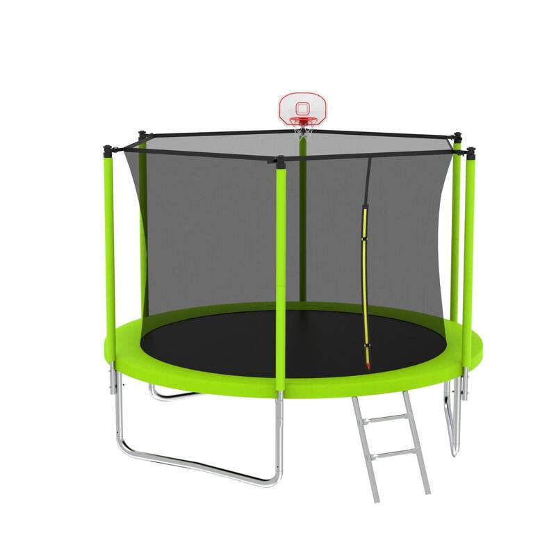 10FT Trampoline for Kids, Basketball Hoop and Ladder, Outdoor Kids Trampoline with Safety Enclosure, Fast Assembly