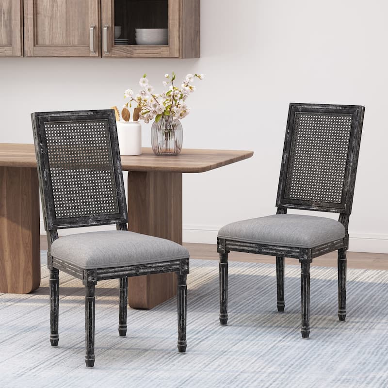 [Set of 2]Dining Chairs -Elegant Backrest & Upholstered Seats with Fluted Legs -Rustic Weathered Finish -Rubberwood Frame