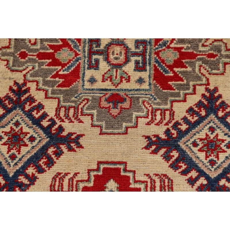 Geometric Kazak Oriental Accent Rug Handmade Beige Wool Carpet - 3'3" x 5'0"