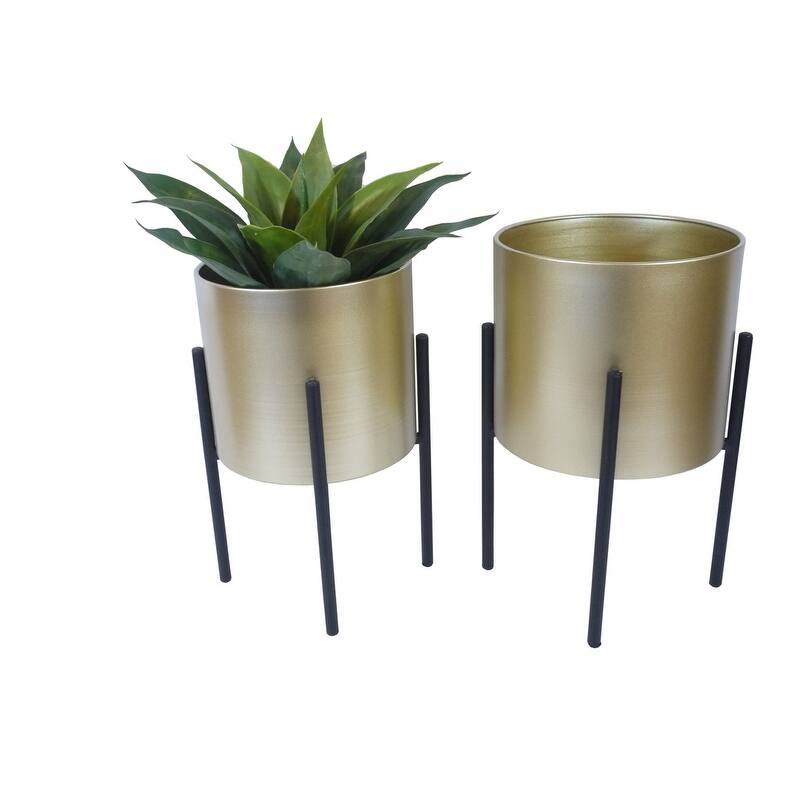 Black gold cylinder Plant Pot,Stand, Set of 2