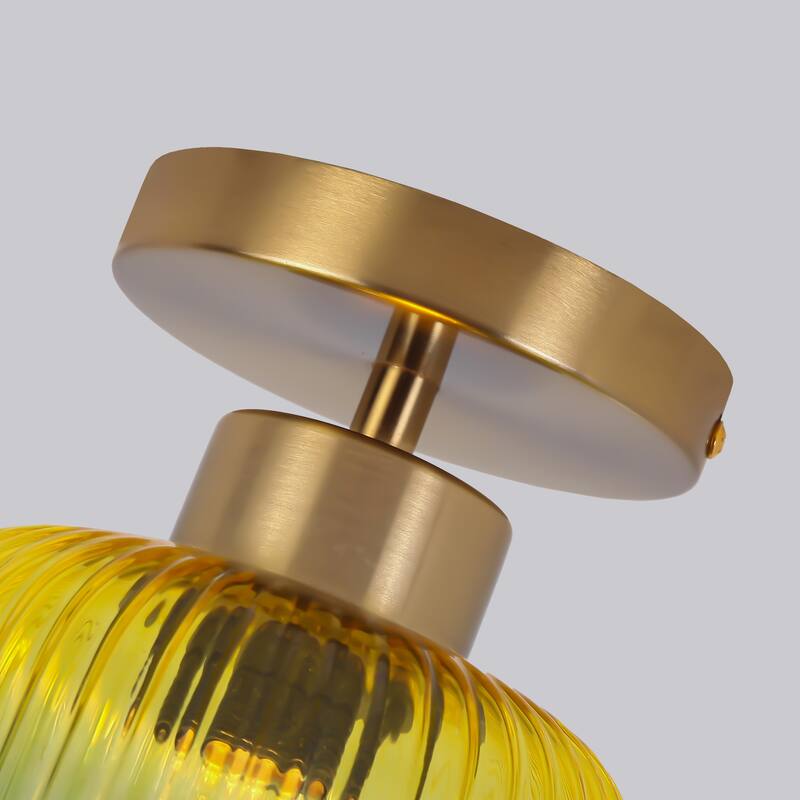 5.9" Wide Vintage Gold Semi Ceiling Light Flush Mount with Green Glass - D 5.9" x H 7.7"