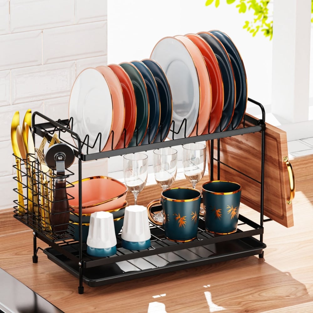 Dish Drying Rack,Dish Drainer with Tray Utensil Black/Golden - Bed Bath &  Beyond - 37477922