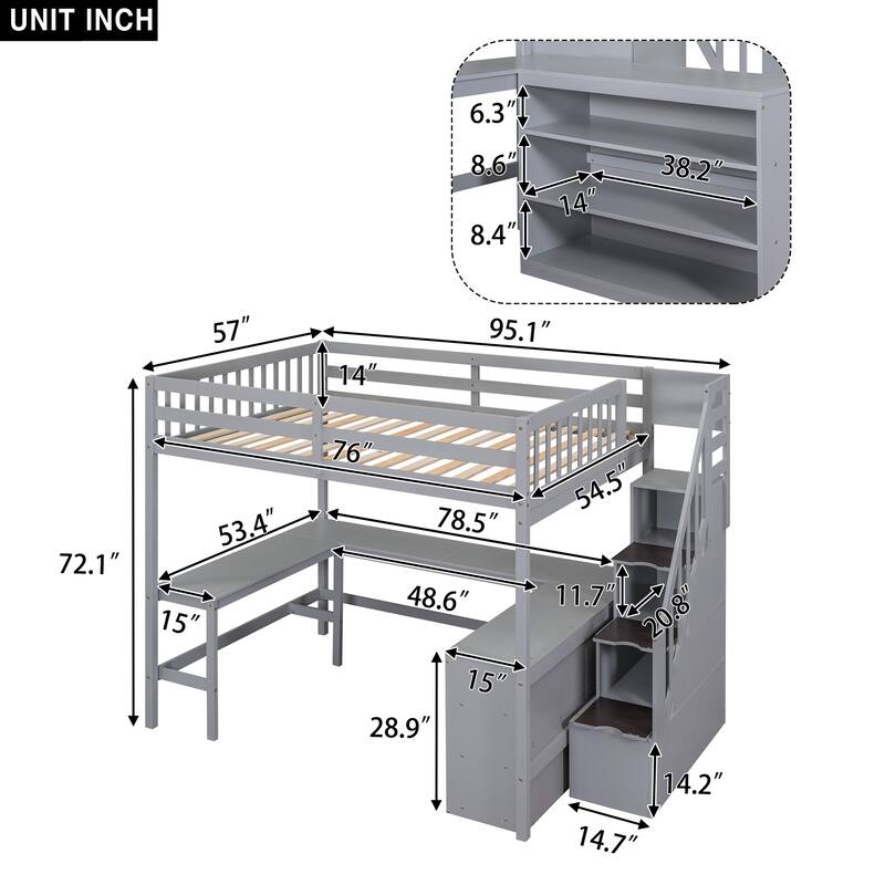 Full Size Loft Bed with L-Shaped Desk, Storage Shelves, and Staircase, Gray