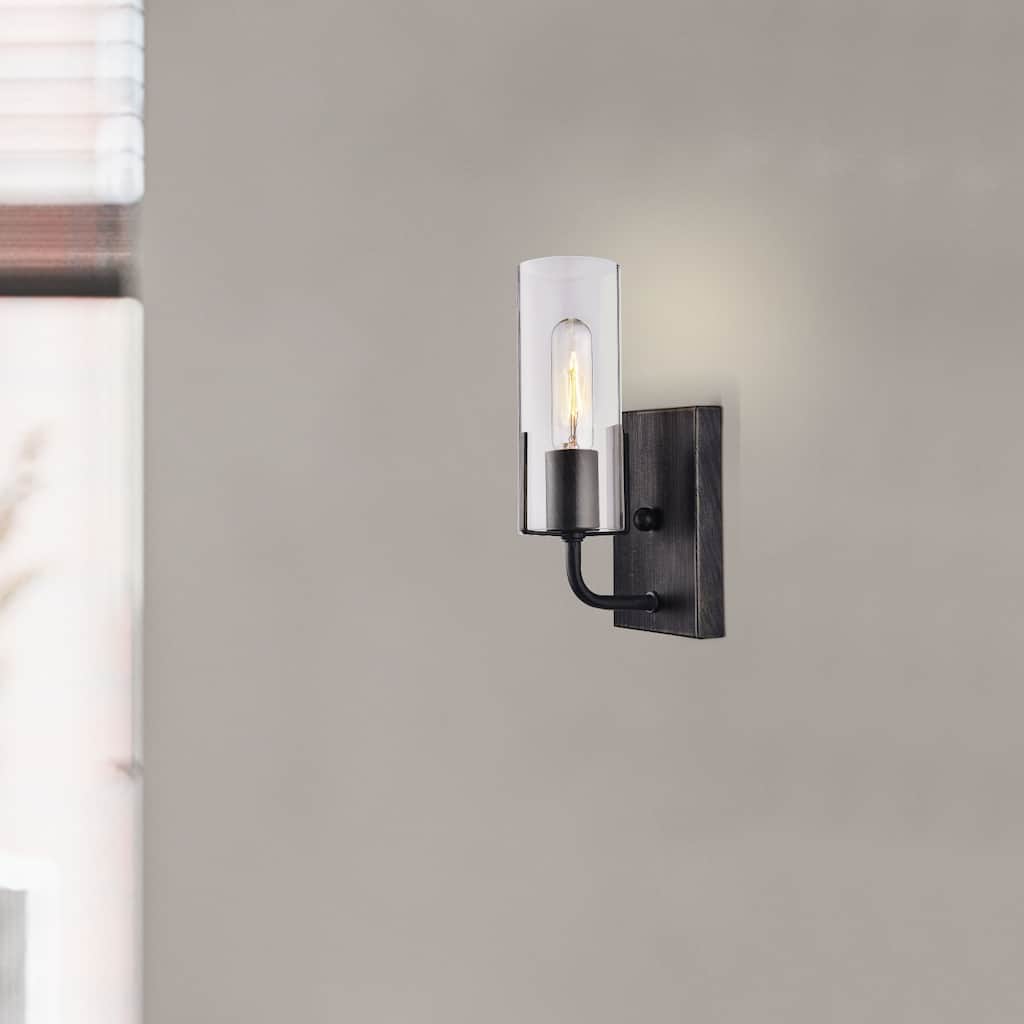 Alfreda Antique Black Wall Sconce with Clear Glass Cylinder