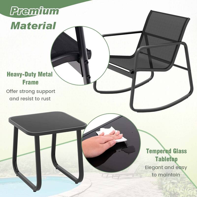 Costway 3 Piece Patio Rocking Set 2 Rocking Bistro Chairs & Glass-Top - See Details