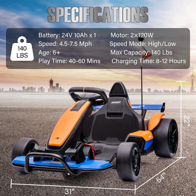 24V Electric Go Kart for Kids, Licensed McLaren Go Carts for Kids w/Drift Race Pedal