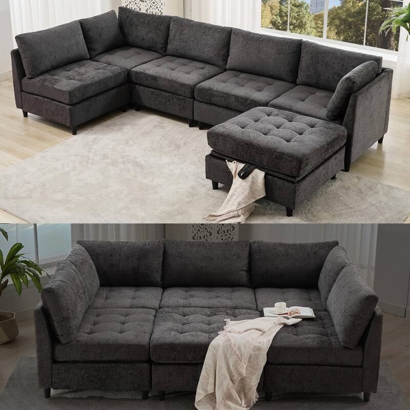 128" Chenille U-Shaped Modular Sectional Sofa with Ottoman