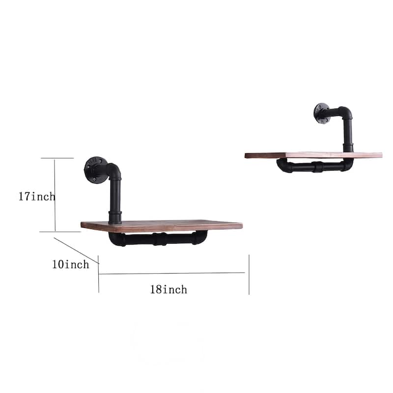 Paired Black Metal Pipe with Weathered Brown Stained Wood Wall Shelves